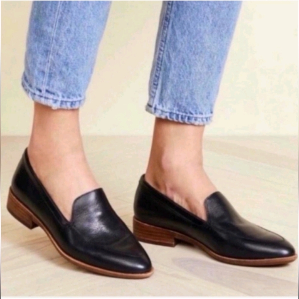 Madewell Black Leather Loafers with Brown Heel